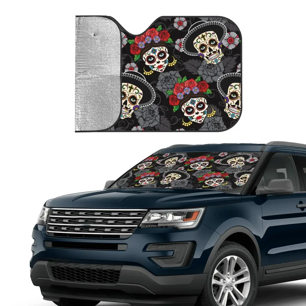 Day Of The Dead Halloween Windshield Sunshade Sugar Skull Rose Cover Front Block Window Sun Visor Ice Shield Dust Protection