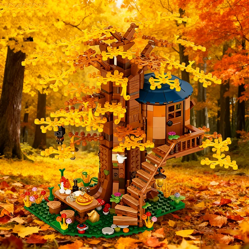 1106 個秋のツリーハウス 3 色の葉ビルディングブロック私の世界村建築レンガのおもちゃ子供のため