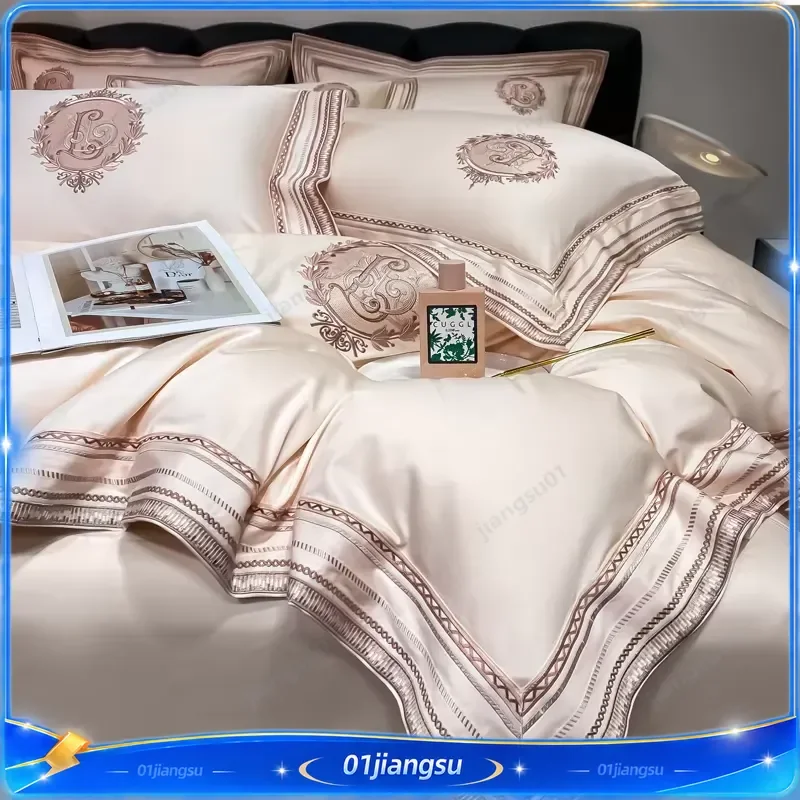Luxury 1000TC Egyptian Cotton Bedding Set Champagne White Red Embroidery Duvet Cover Fitted Sheet Pillowcases 4 Piece Home