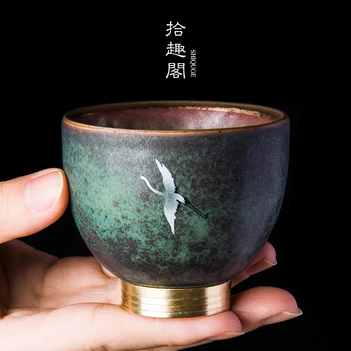 Coarse Pottery Tea Cup, Ceramic Colorful Copper Bottom Antique Jingdezhen Kung Fu Personal