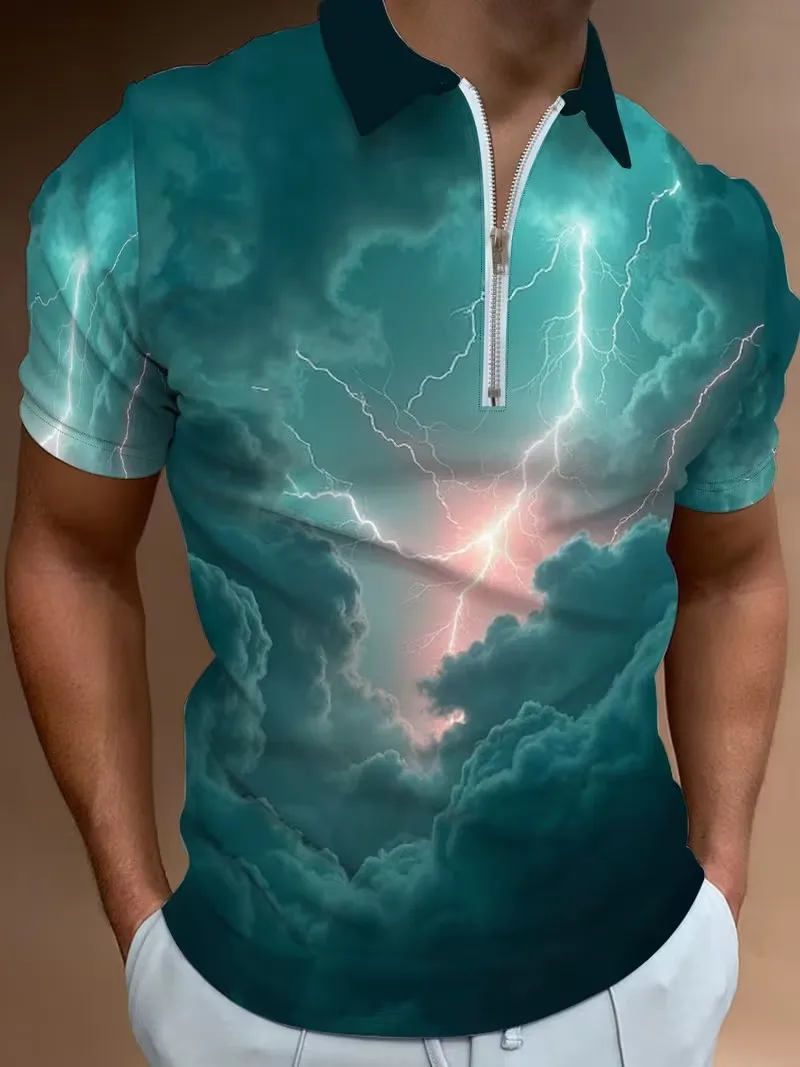 2026 summer new men's short sleeved zipper polo shirt, 3D printed fashionable casual trend abstract element versatile top