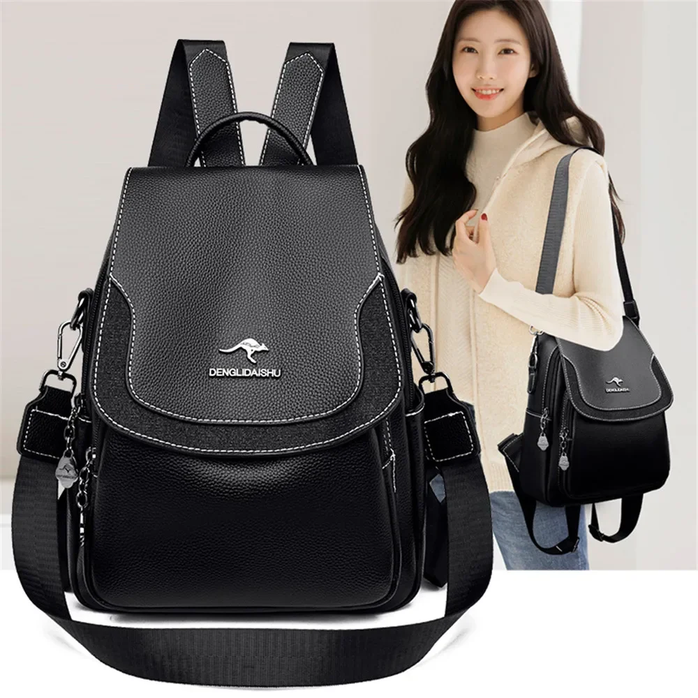 New Soft Leather Black Backpacks Large Capacity Shoulder Bag Ladies Fashion Women\'s Travel School Bags for Teen Girls Mochilas