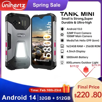 Unihertz Tank Mini Rugged 8849 Smartphone 4.3 Inch Small Cell Phone 16GB/24GB+256GB Android 13 5800mAh 100MP Cameras IP68 Phone