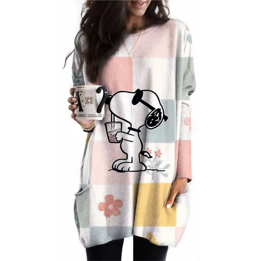 Snoopy Cartoon Anime Women Pullover Spring Autumn Women Round Neck Hoodie Clothes 2024 New Fashion White Couple Sweatshirt Tops