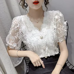 Lace Tops Women Pearls V-neck Chiffon Short Sleeve Shirt flower Blouse Printed Floral Transparent Women Sexy Crop Top Blouses