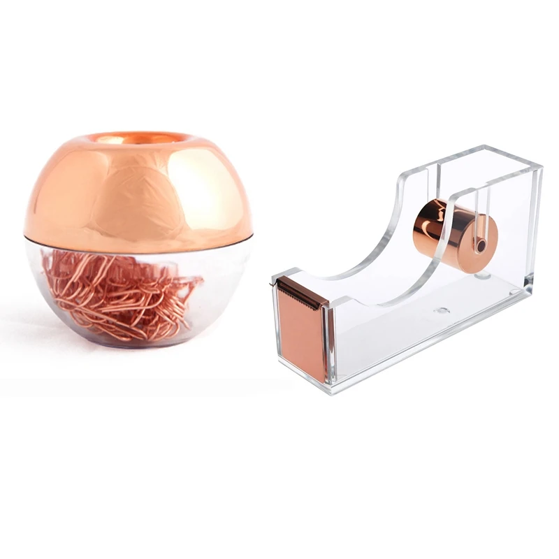 100 Buah Dispenser Klip Kertas Di Rose Gold Klip Magnetik & 1 Buah Dispenser Pita Akrilik Bening Rose Gold