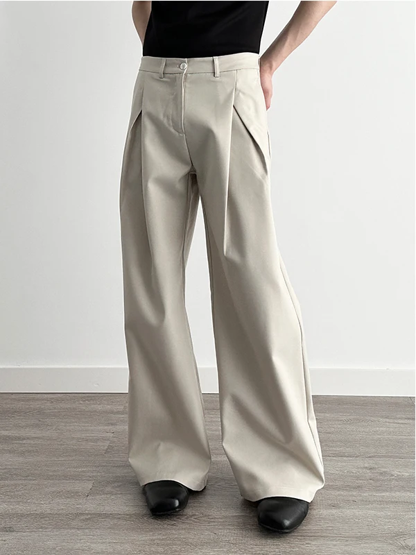 

American Retro Apricot Three-Dimensional Pleated Men's Casual Loose Wide Leg Long Trousers Trendy Polyester Fiber mid Waist