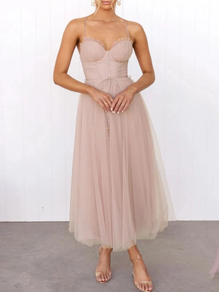 Sexy Spaghetti-Träger-Kleid mit Mesh-Einsätzen, langes, elegantes, figurbetontes, rückenfreies Kleid mit Kordelzug für Damen, Abendkleid für Partys