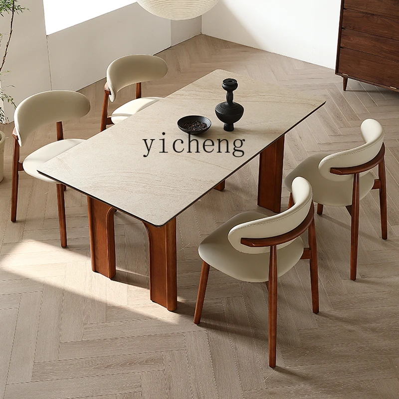XL travertine rock slab solid wood dining table French antique restaurant full support baseplate dining table