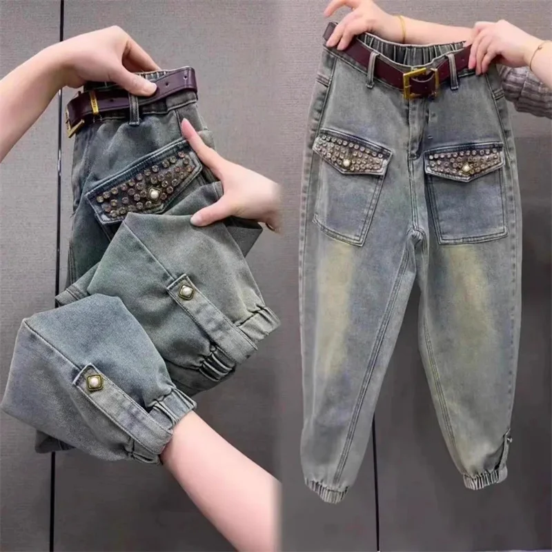 

2026 Fat MM Spring/Winter New High Waist Elastic Jeans Women, Elastic Waist Harun Pants, Retro Loose and Velvet Jeans for Female