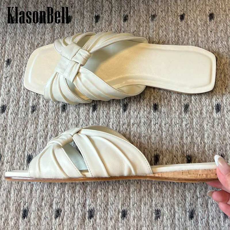 

7.19 KasonBell Simple Fashion Criss-Cross Weave Sheepskin Slippers For Women Summer Outside All-matches Flat Sole Sandals