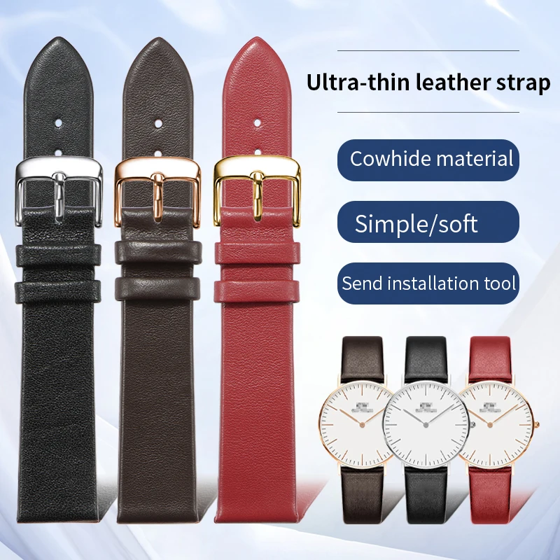 Ultra-thin plain leather strap for CK DW Swarovski men's and women's bracelet accessories12mm14mm16mm20mm21mm22mm