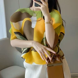 Summer 3/4 Sleeve Pleated Top 2023 New Thin  Printed Underlay T-shirt oversize  women's summer blouses 2023