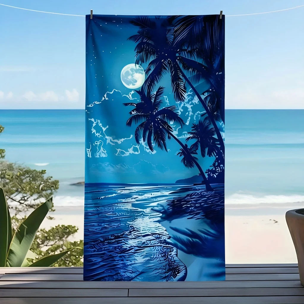 1pc Moonlit Coconut Shadow Beach Pattern Beach Towel, Quick-Drying High Absorbent, Perfect for Beach & Pool Daily Use