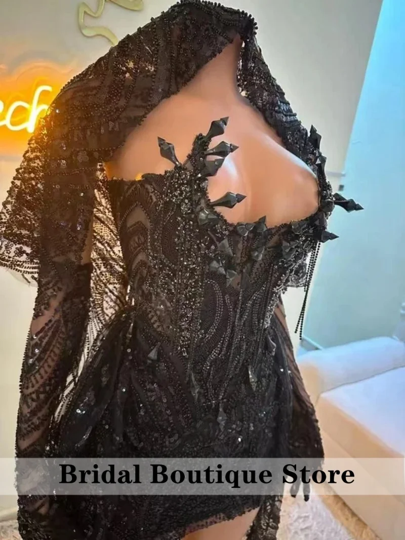 Black Crystal Beaded Homecoming Prom Dress With Veil Cocktail Valentine\'s Day Birthday Dress Luxury 2026 Blackgirl Customized