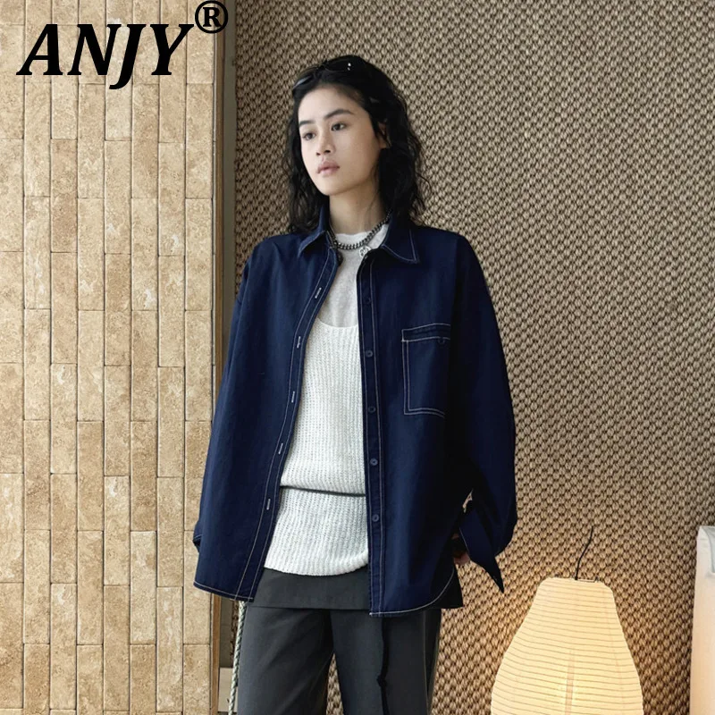 ANJY Spring Autumn New Women Korean Safari Style Thread Spliced Pocket Faux Denim Shirt Trend Fashion Loose Casual Blouse A20581