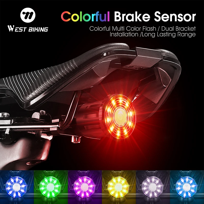 WEST BIKING Bicycle Colorful Rear Light Brake Sensor USB Rechargeable Flash LED Taillights Road Bike MTB Cycling Accessories