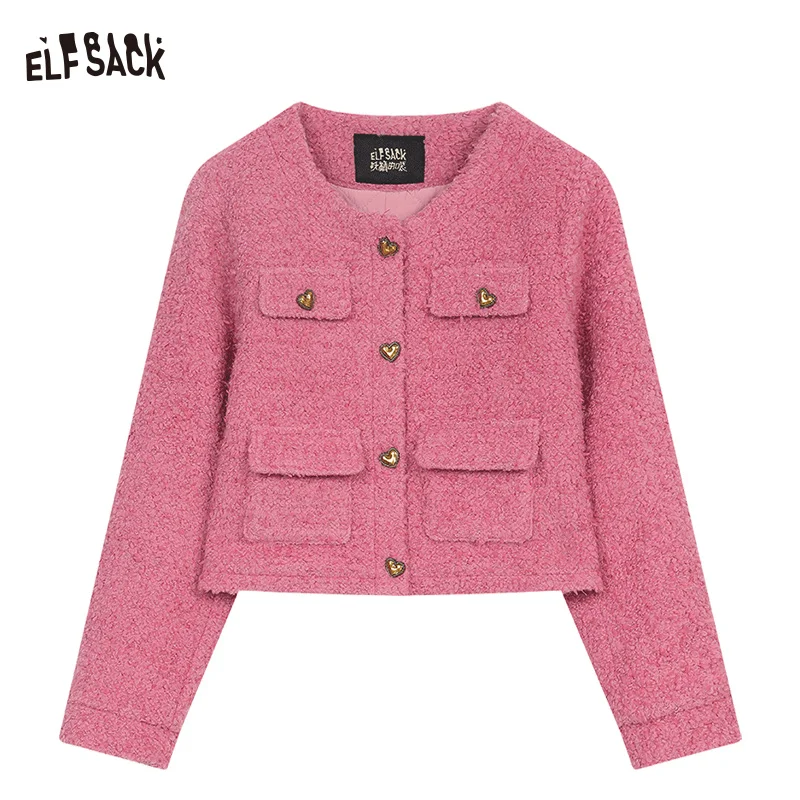 ELFSACK 2024 Winter New Arrivals Winter coat with heart-shaped button short jacket for women