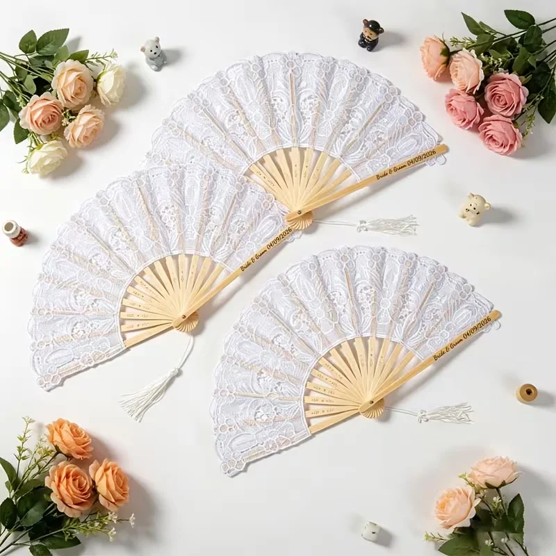 3Pcs/5Pcs/7Pcs/10Pcs Personalized Custom White Lace Wedding Fans Suitable for the Bride, Wedding Fans as Souvenirs for Bridesmaids, Gifts for the Bride, Customizable with Wedding Date