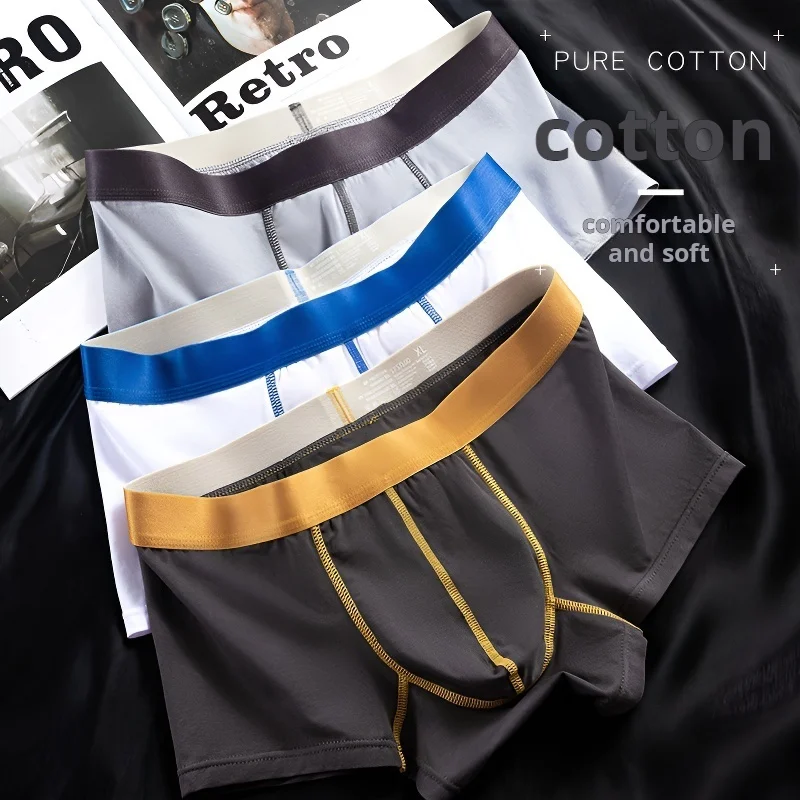 

Men's Cotton Boxer Briefs Antibacterial Underwear Breathable Trunks Youth Anti-Odor 100% Pure Cotton Comfort Fit Underpants