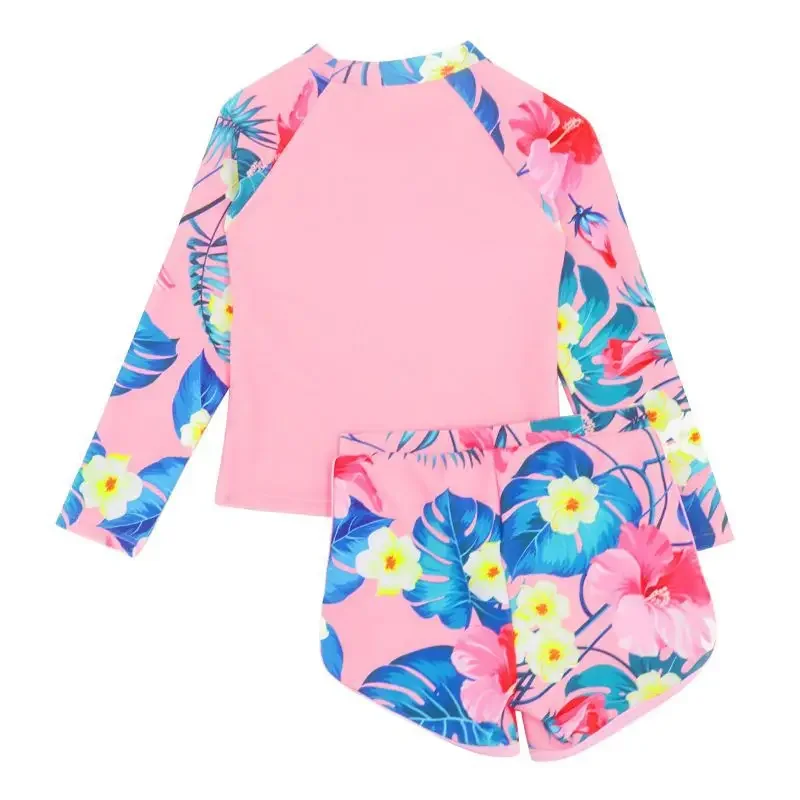 New Girl Swimwear Resort Style Flower Print Long Sleeve Two-Piece Swimsuit Kids Fashion Casual Cozy Breathable Bathing Suit 3-9Y