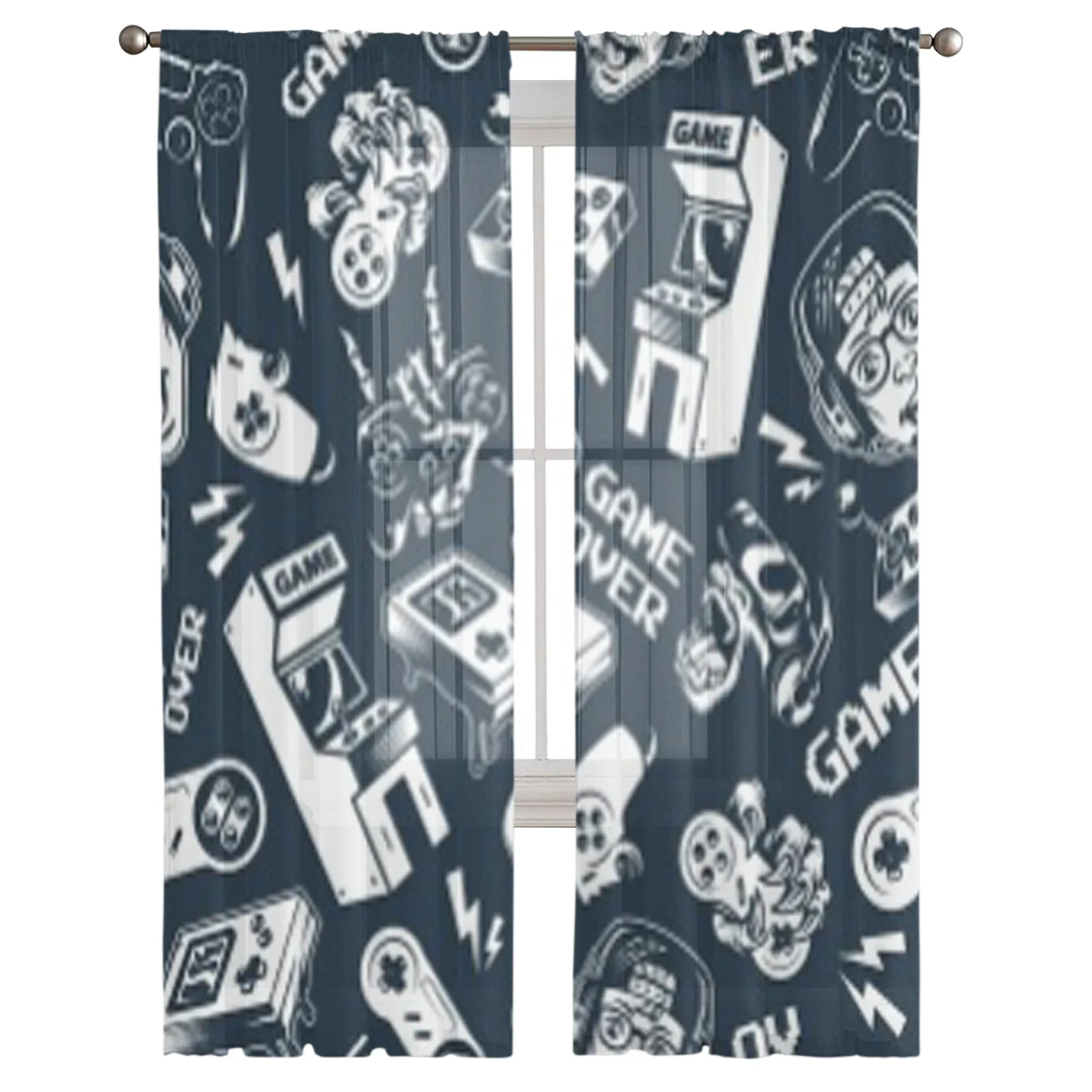 Vintage Monochrome Video Game Electronic Gaming Sheer Curtains for Living Room Tulle Window Curtain Bedroom Kitchen Veil Drapes