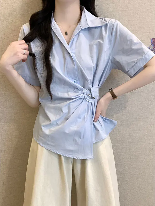 Blue Irregular  Collar Short Sleeve Shirt Women Summer plus Size Slimming Waist Design Unique Top Moisture Wicking Resist...