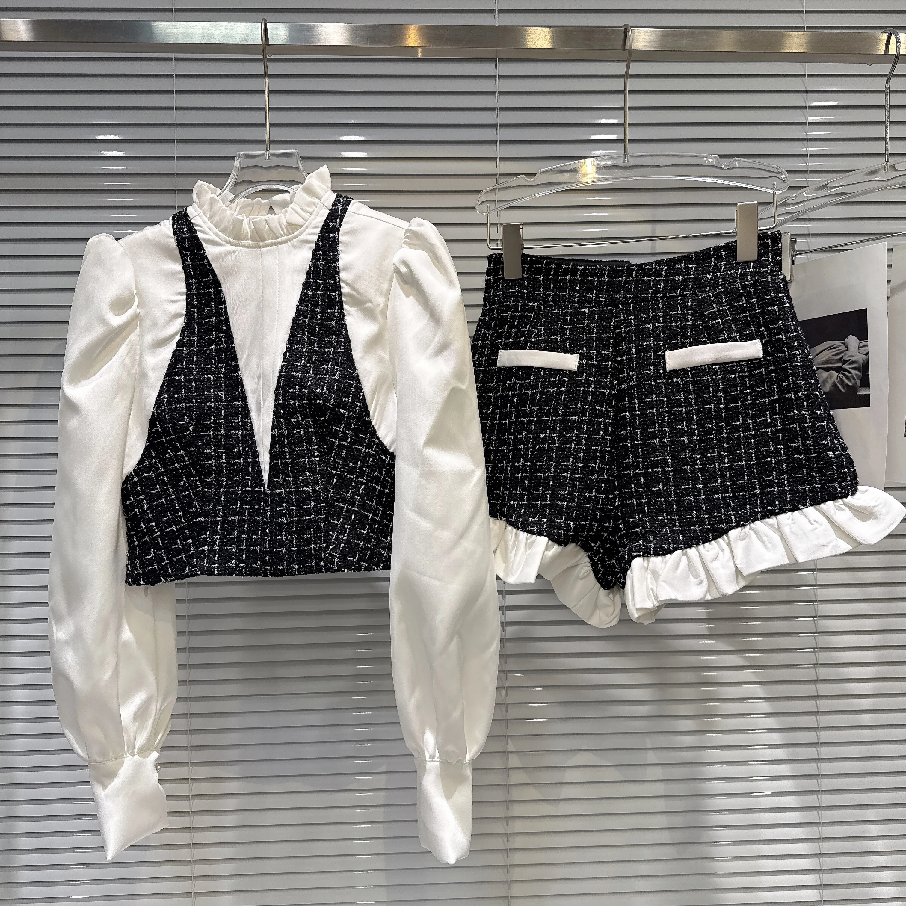 2025 Autumn New Elegant Tweed Vest with Spliced Fake Two-Piece Shirt + Ruffled Shorts Set