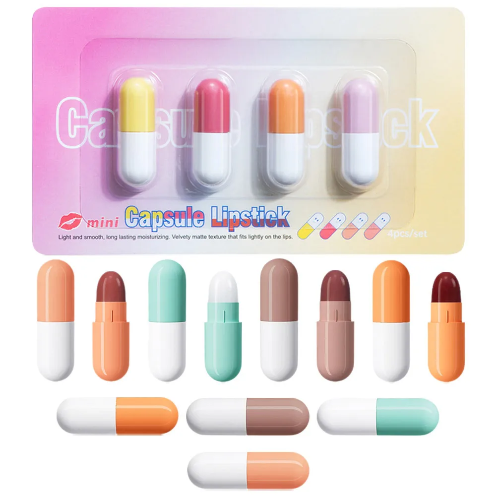 4 Zestawy Matowych Mini Kapsułek z Pomadką Długotrwałe Nawilżające Bezpieczne Pomadki w Kapsułkach z Wosku dla Kobiet Makijaż Powiększający Usta Błyszczyk
