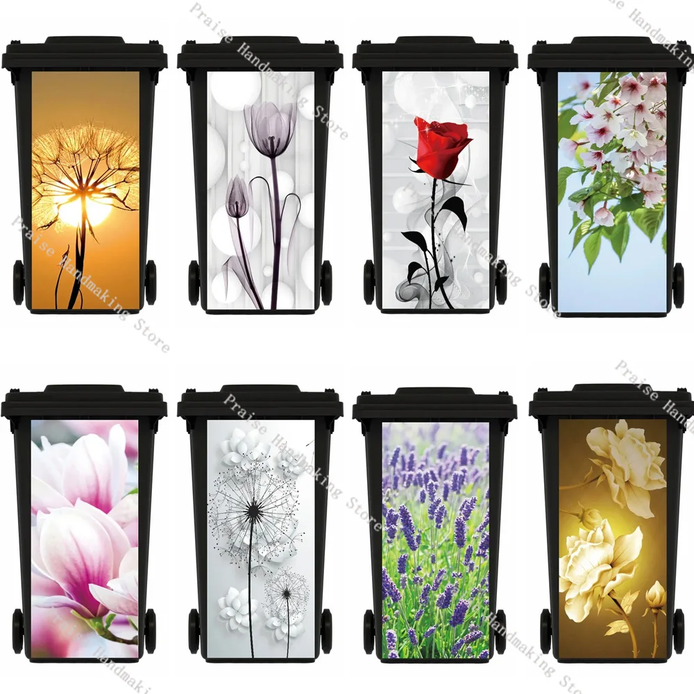 Lavender Floral Outdoor Trash Sticker Kitchen Removable Waterproof Wheelie Bin Sticker Restaurant Trash Can 120/240 Liters