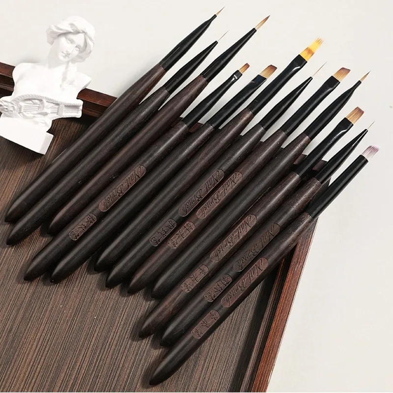 1/12PCS Ronde Houten Handvat Tekening Borstels Voor Manicure Lijnen Schilderen Gradiënt UV GEL Uitbreiding Builder Tekening pen Sandelhout