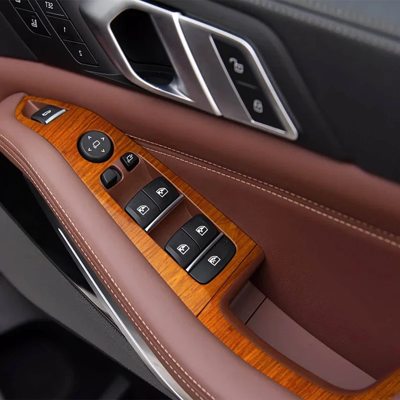 

Для BMW X5 G05 2019-2023 левый и правый автомобиль яркая груша деревянная наклейка подъемная оконная панель наклейка шестерня внутренняя дверь защитная пленка