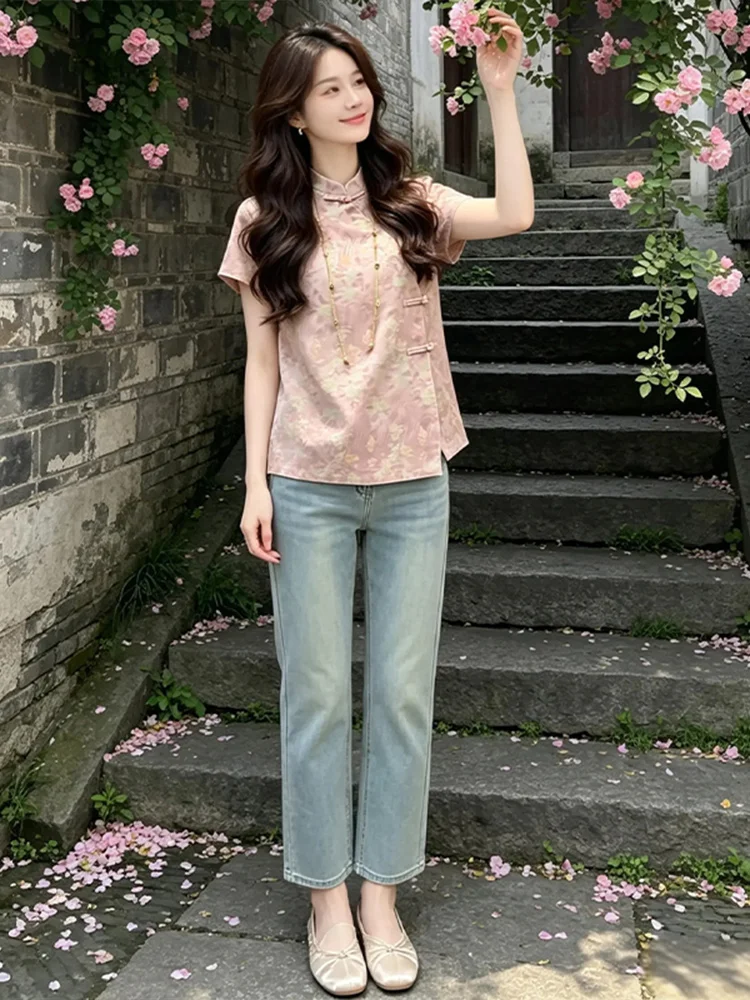 

Sweet Style Printed Short Shirt Women's New Chinese National Side Button High Beauty Summer New Breathable Loose Fit Shirt
