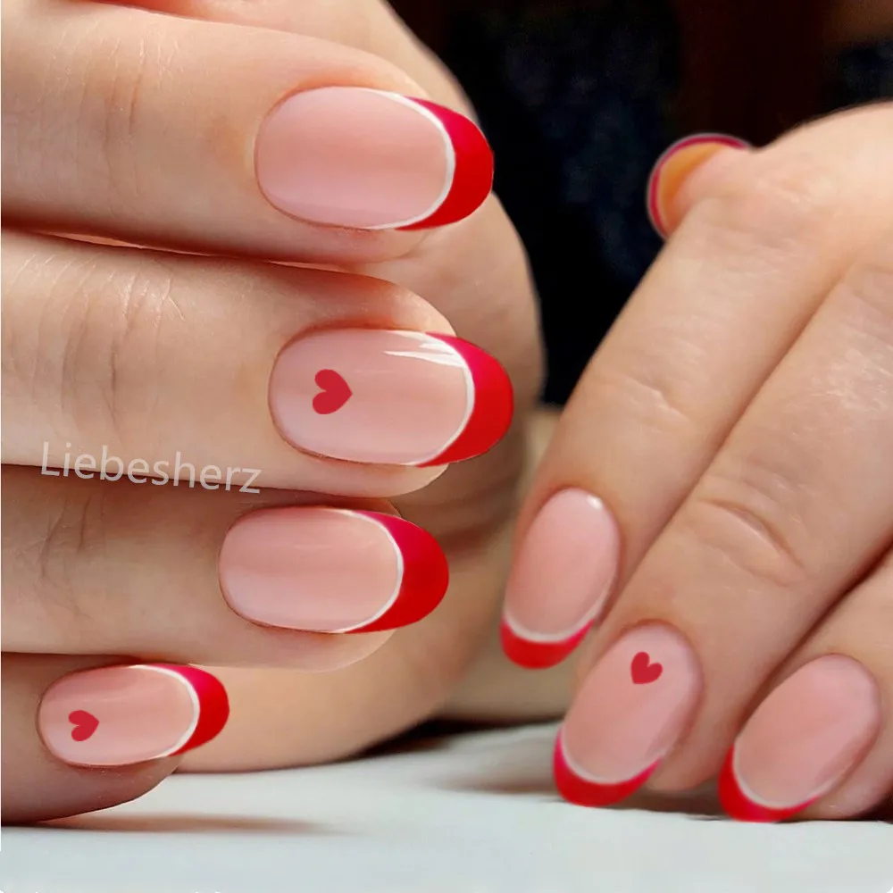

24Pcs New Design Red French Fake Nail With Jelly Glue Natural Artificial Press On False Nails DIY Full Cover Tip Manicure Tool