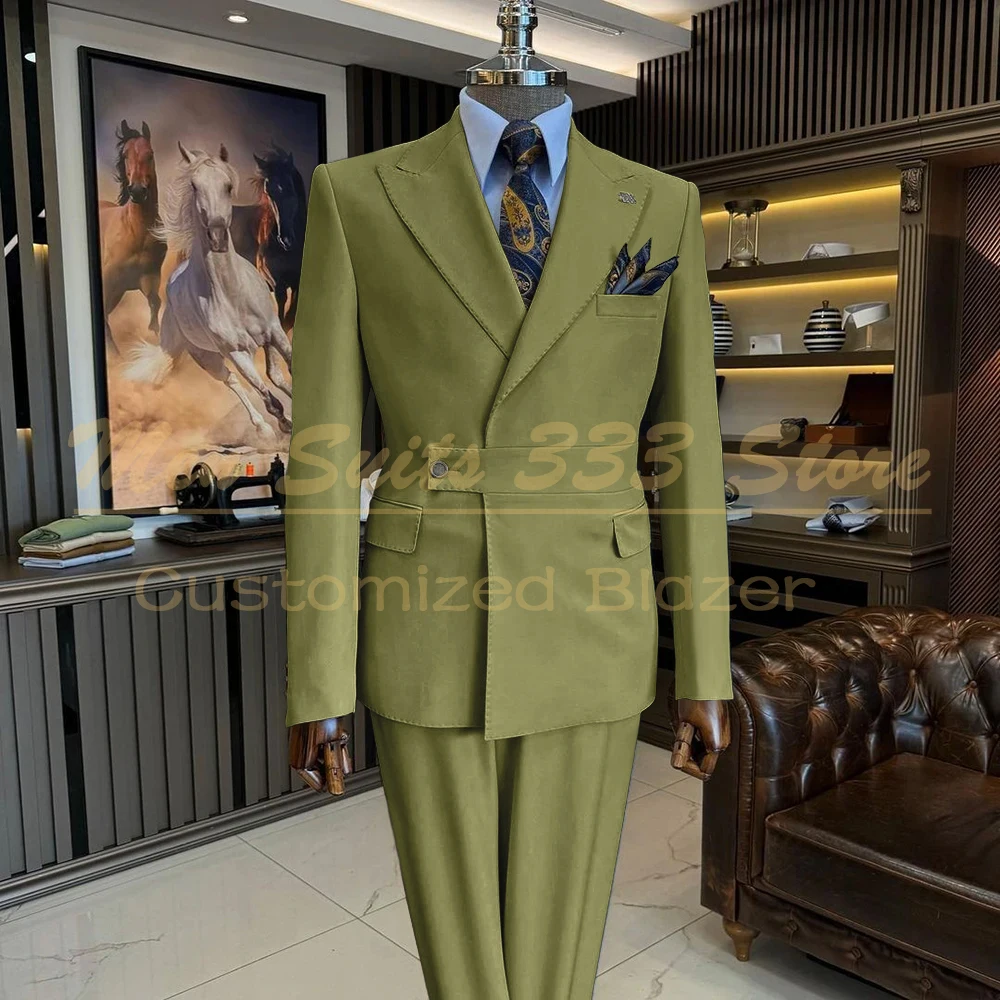 Elegant Men\'s Suits Peak Lapel Slim Fit Regular Length Formal Office 2 Piece Jacket Pants Outfits Male Clothing Costume Homme