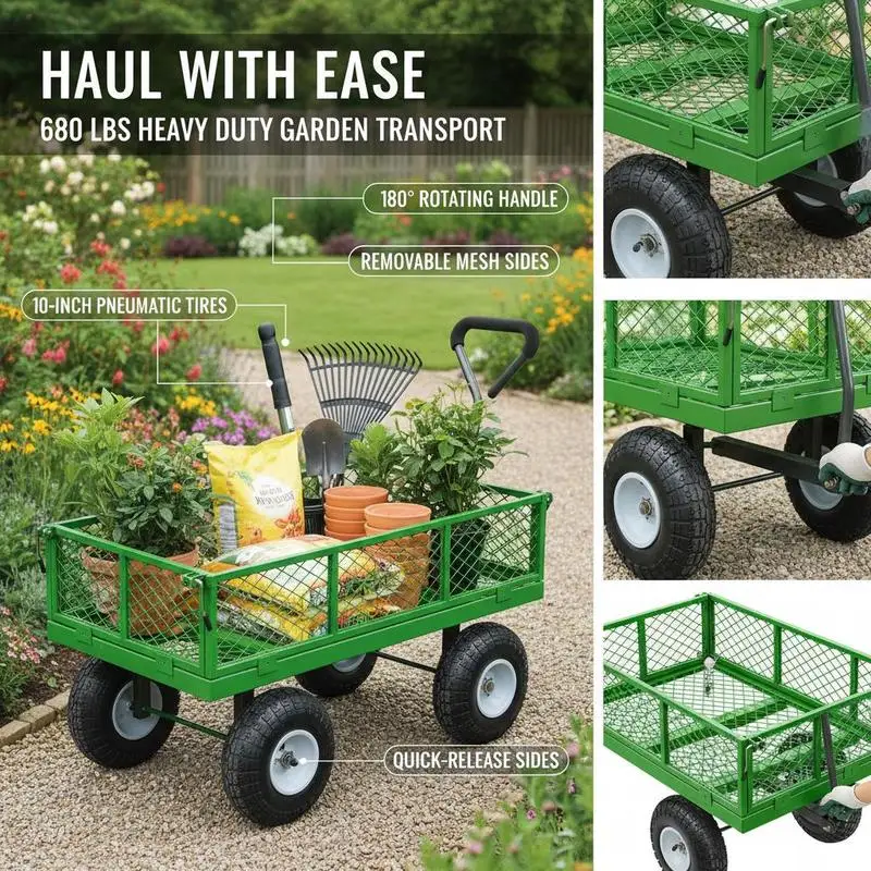 Heavy Duty Utility Wagon 680 Lbs For Landscaping Farming Construction, Metal Mesh Removable Sides 10 Inch Pneumatic Tires 180 Degree Rotating Handle Yard Cart Outdoor Hauling Vehicle