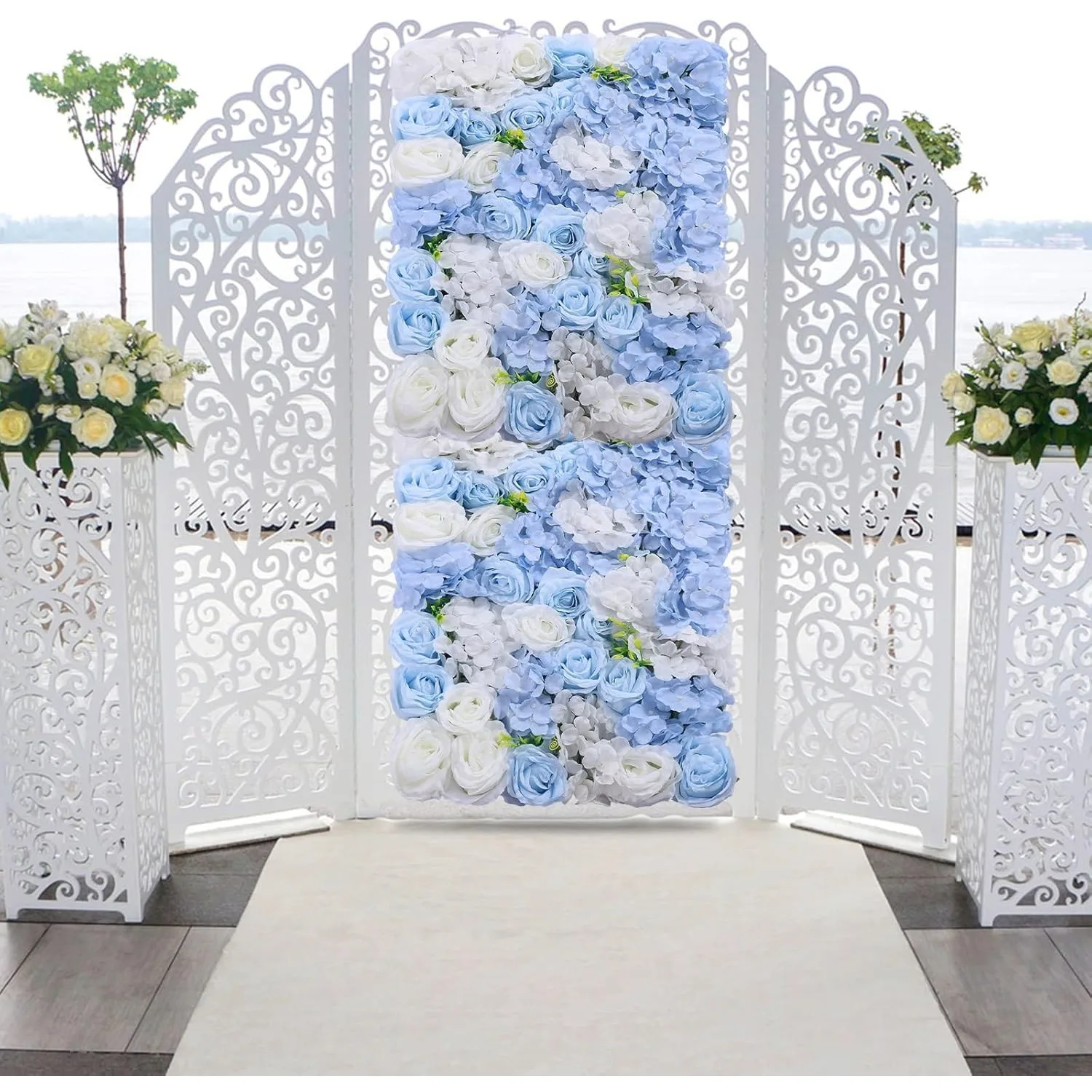 4Pc Flower Wall Panels, Blue White Silk Artificial Flower Wall Panels Hydrangea Backdrop for Background Home Party Wedding