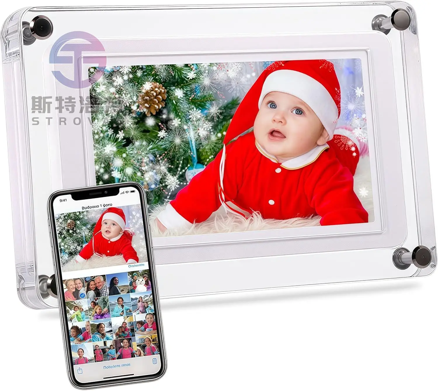 Frameo 5 Inch WiFi Digital Picture Frame Acrylic Body 32GB Memory 1280x800 IPS LCD Touch Screen Video Format AVI Clock Function