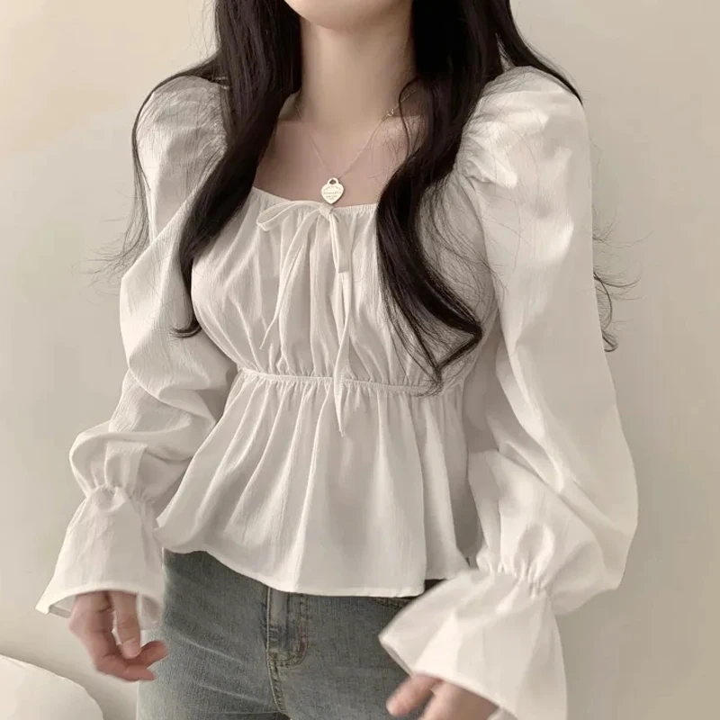 Elegant Bow Tied Flared Long Sleeve Women Blouse Square Neck Slim Waist Belt Shirt Korean Style Ruffle Casual White Tops Blusas