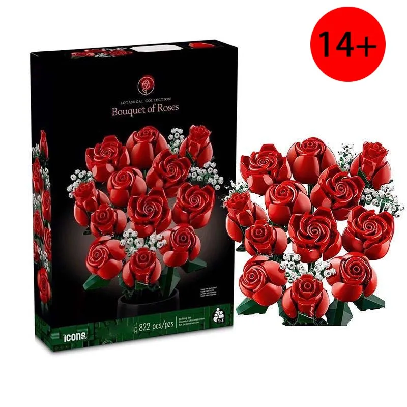 New Rose & Gypsophila Bouquet Building Blocks, DIY Assembly Ornament, Valentine's Day & Birthday Gift