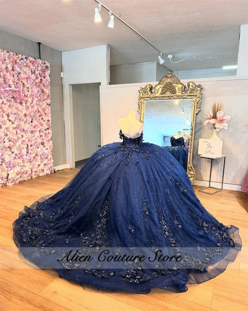 Exquisite Navy Blue Qinceanera Dress Floral Appliques Beading Princess Vestidos Ball Gown Sweet 16 Vestidos De 15 Años