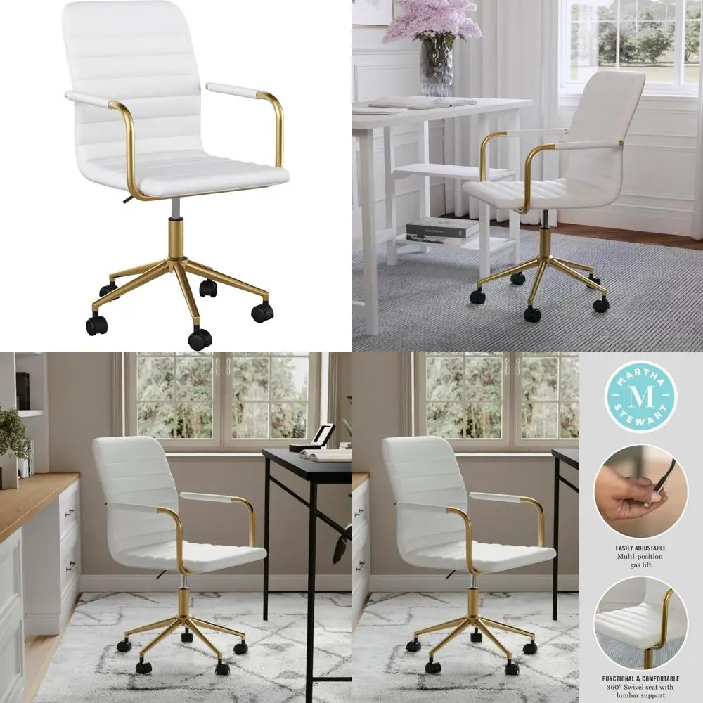 

White Faux Leather Swivel Task Chair with Armrests for Home Office, Polished Brass Frame