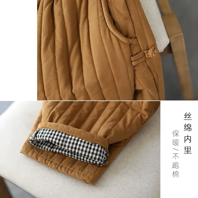 2026 Winter Warm Clip Cotton Thickened Retro Down Cotton Pants for Women's Outwear Elastic Waist Loose Relaxed Pants M407