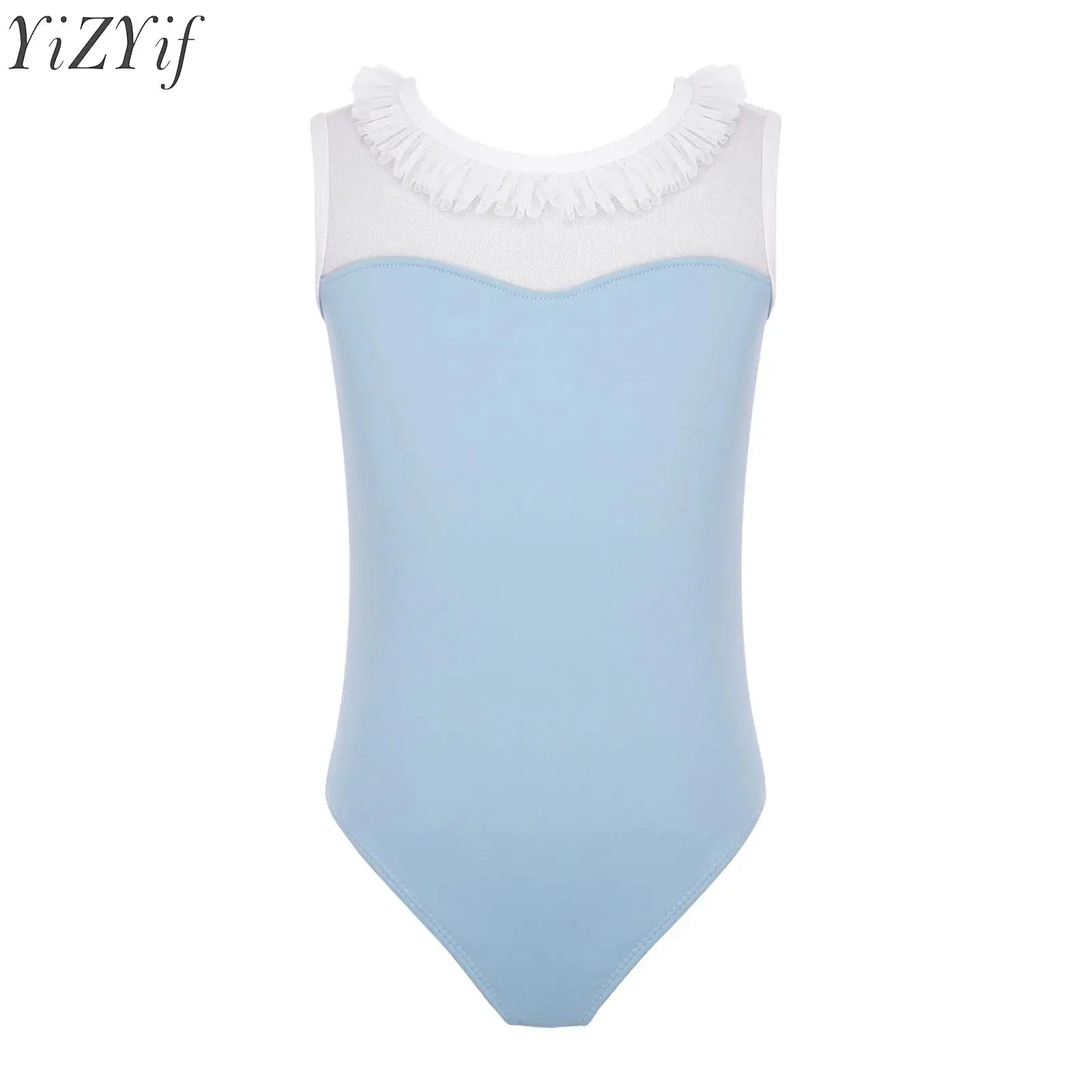 Maillot de Ballet para Niñas, con Malla Transparente, Cuello Redondo, Manga Larga, para Danza, Gimnasia, Yoga, Actuaciones en Escenario