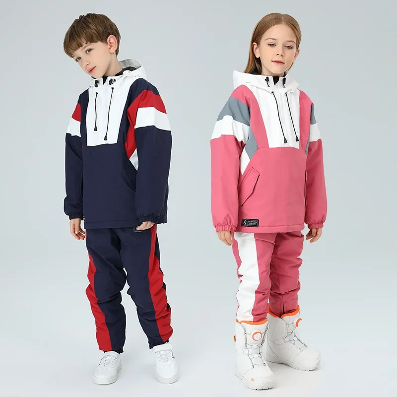 2024 Winter Boys Girls Skiing Set Outdoor Warm Windproof Waterproof Children Hoodie Jacket Pants Ski Suit Kids Snowboarding