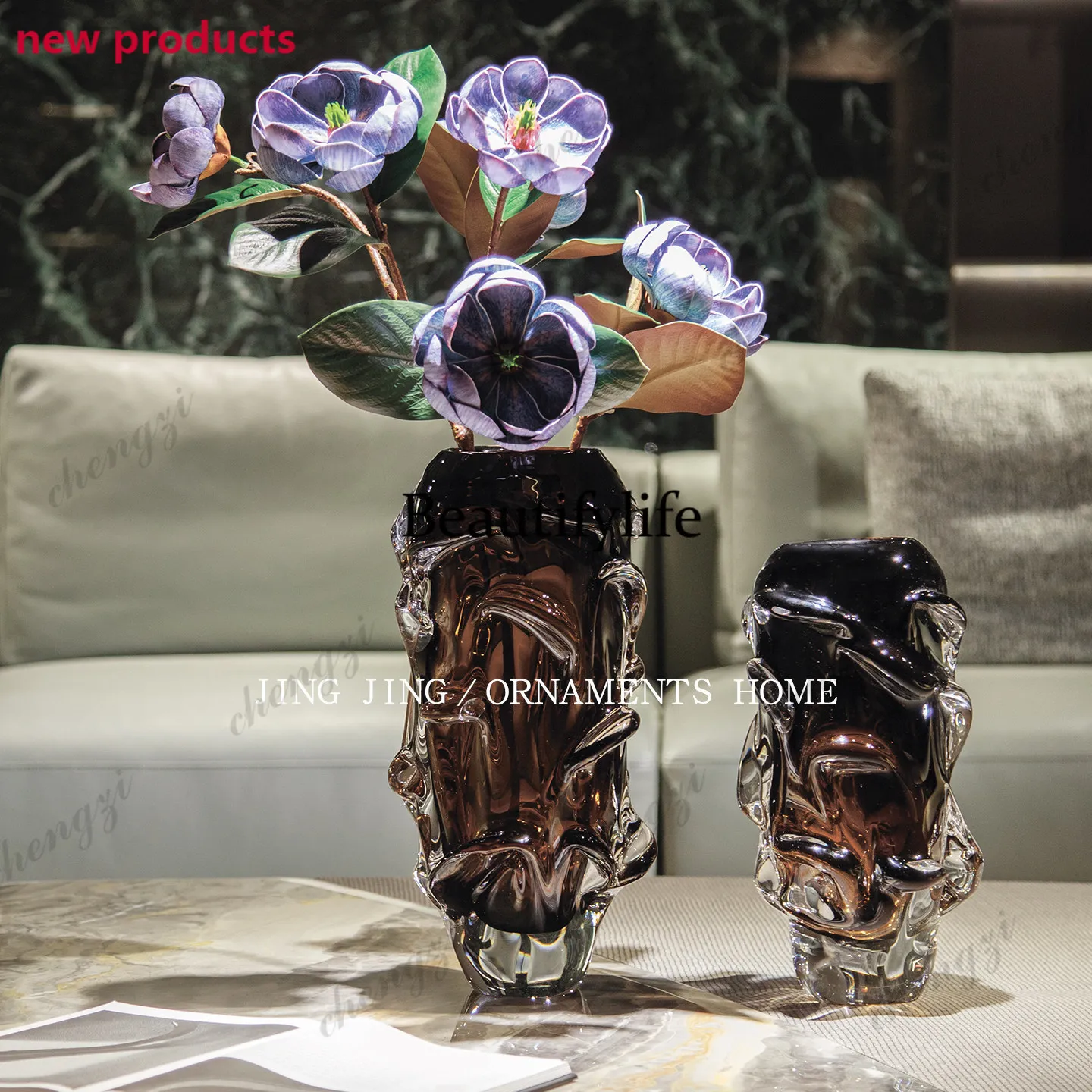 f182 High-end light luxury brown glazed vase ornament living room dining table water culture flower decoration
