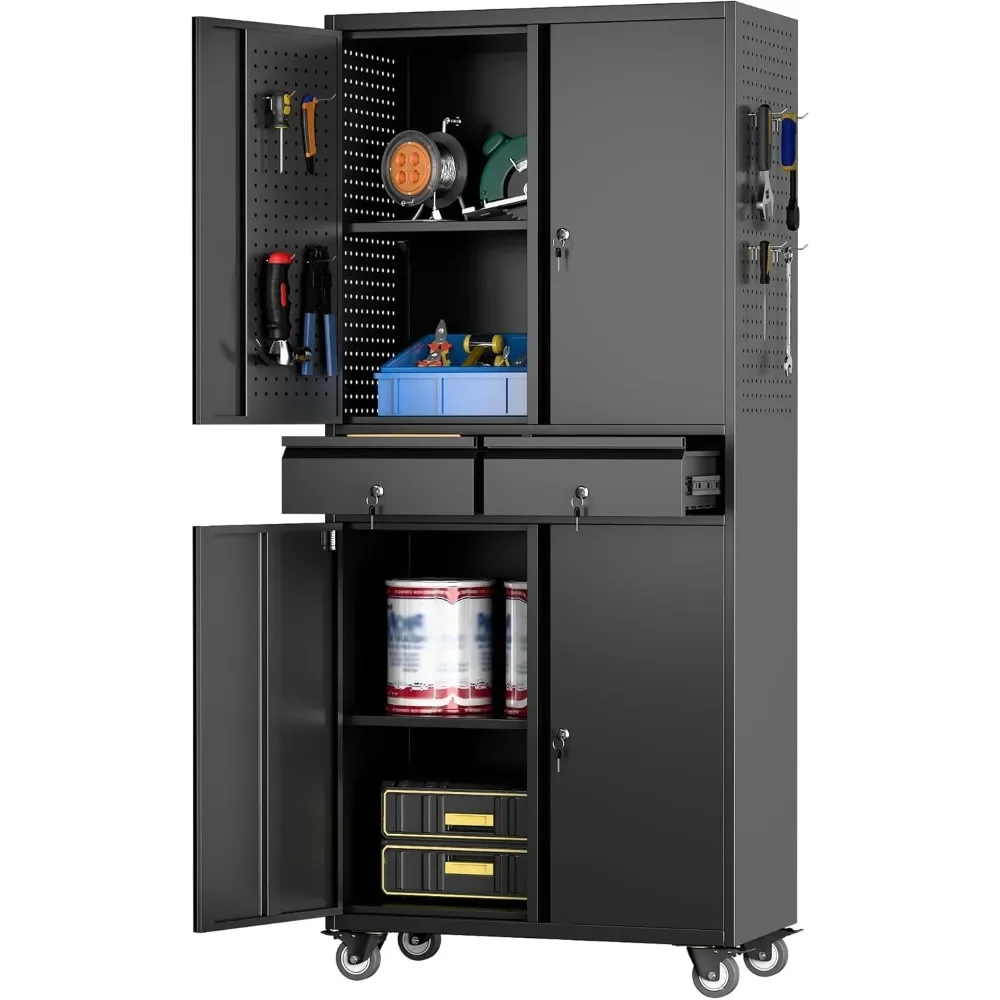 

71" H Metal Garage Storage Cabinet with Wheels and Doors,Rolling Tool Cabinet with Pegboard and 2 Lockable Drawer for Garage