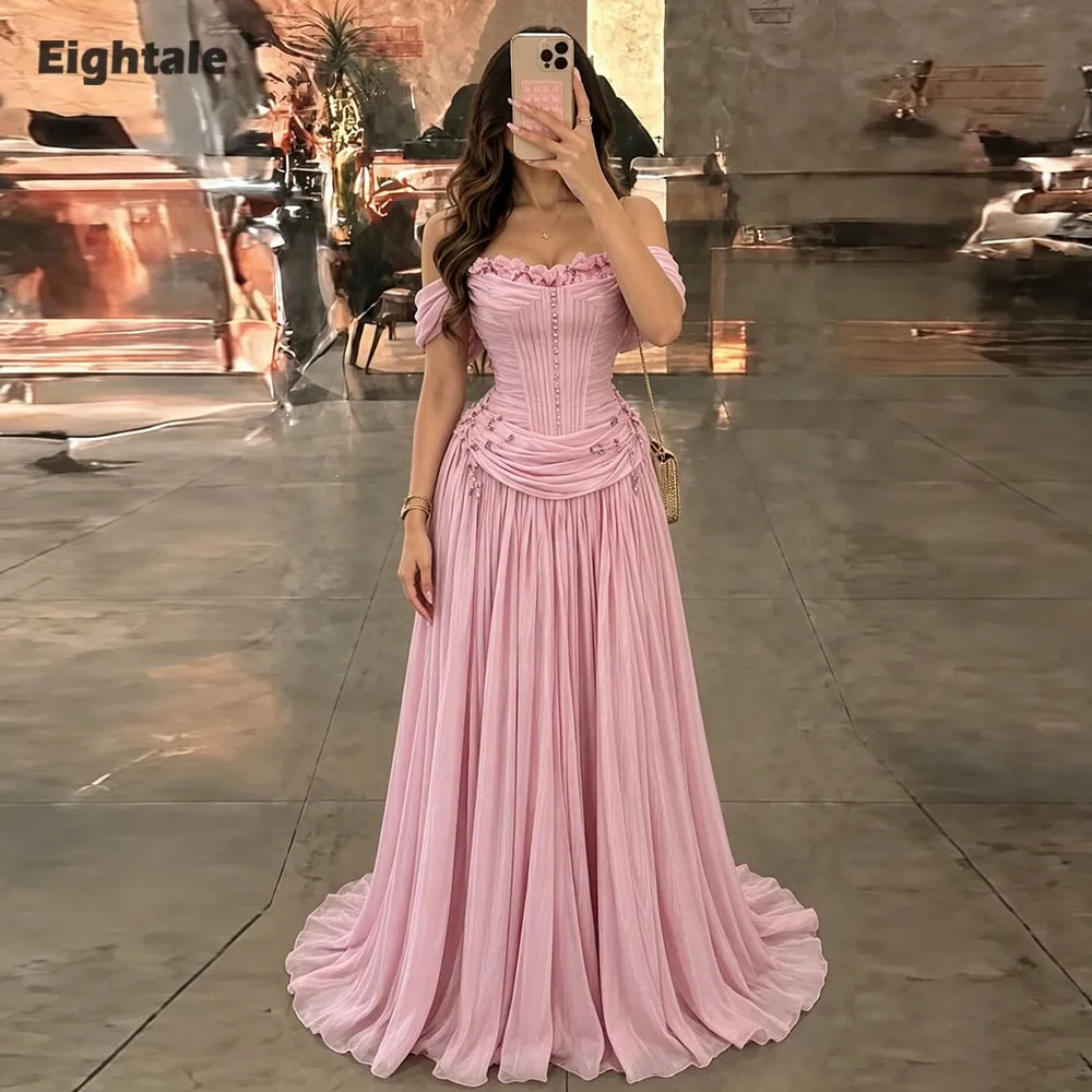 Eightale Arabic Evening Dress Customized Chiffon Off the Shoulder A-Line Floor Length 3D FlowerProm Wedding Party Gown