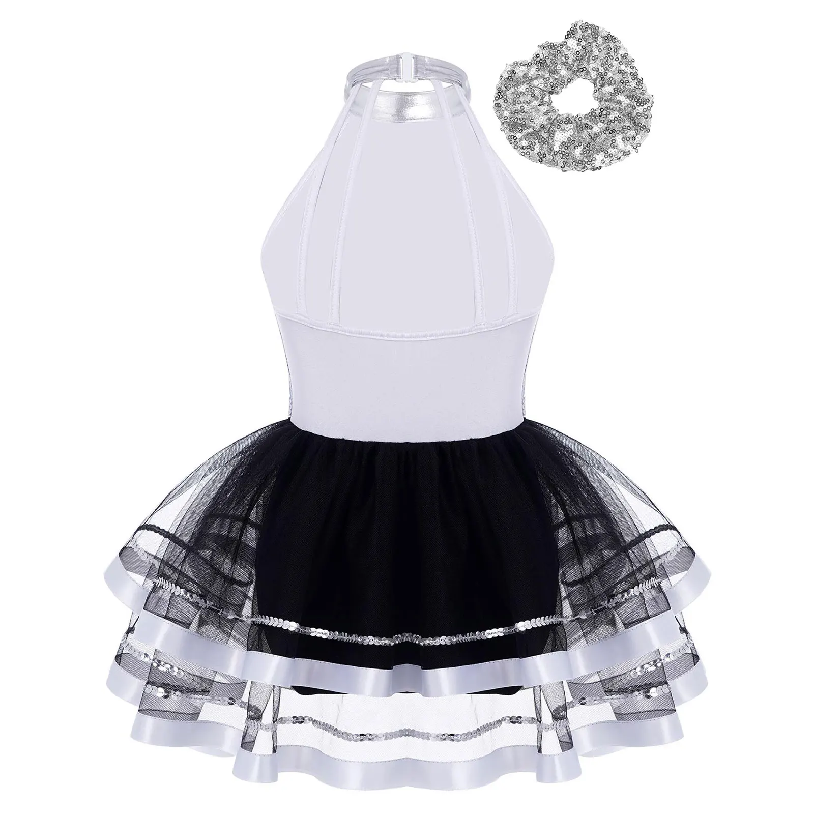 Kids Girls Sequined Dance Tutu Dress Jazz Ballroom Modern Dance Dress with Hair Tie Shiny Ballet Ballerina Performance Costumes