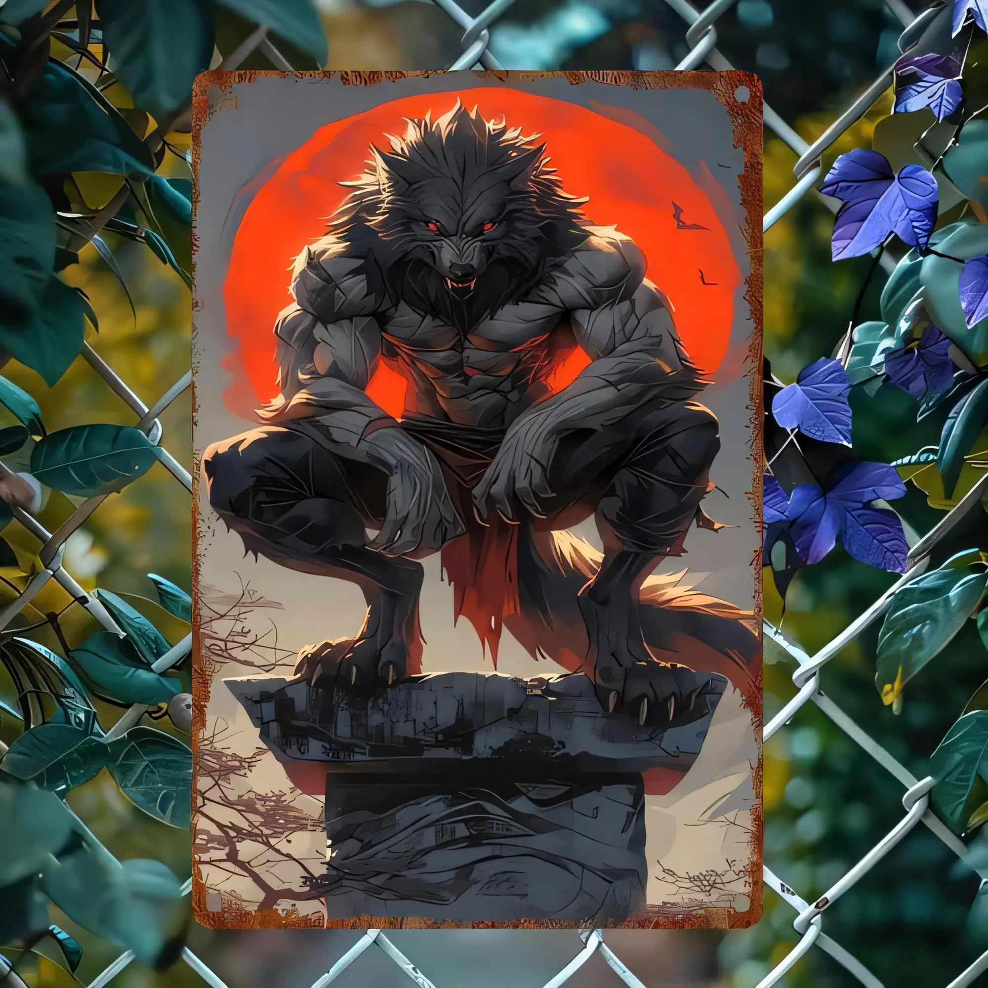 Tin Sign, Anime Black Wolf City Night Retro Metal Poster Wall Decor for Man Cave Bar Garage Office, Gothic Streetwear Gift, Rust
